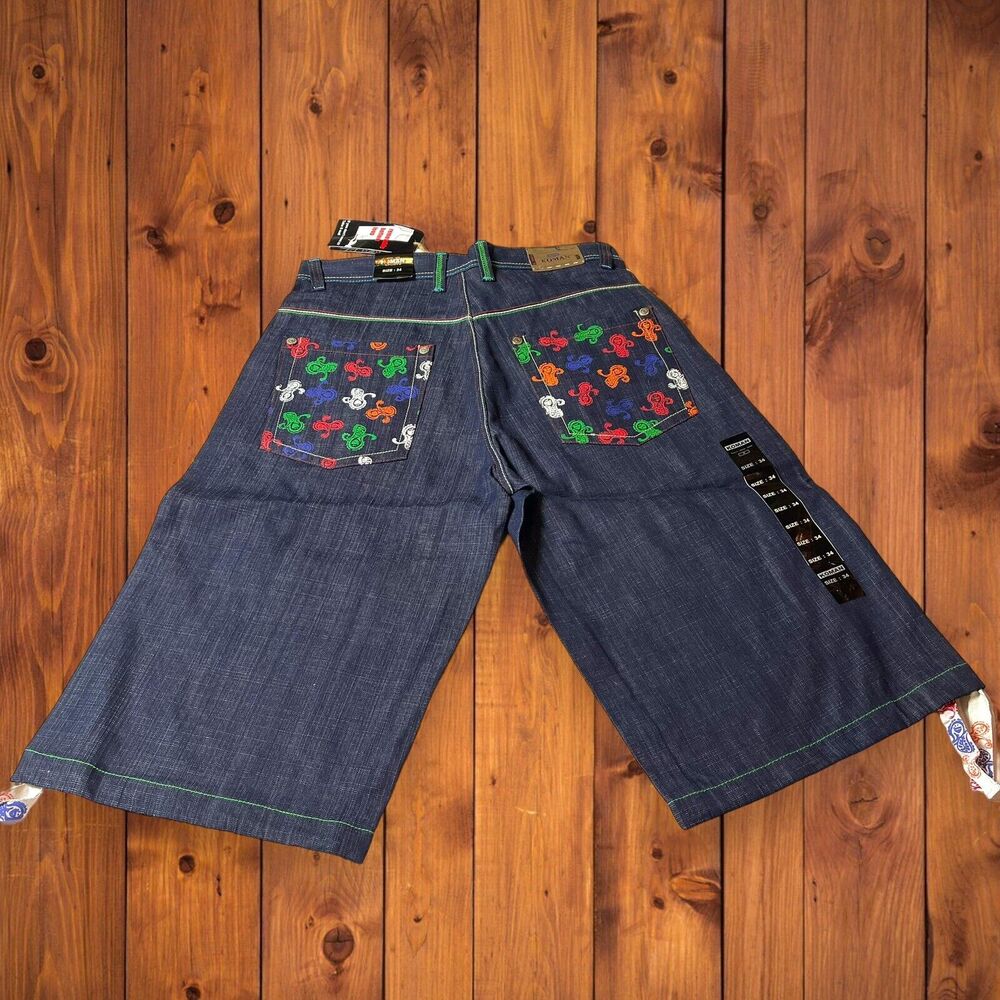 Vtg NWT Sz 34 Koman Denim Blue Jeans Shorts Wide Leg Y2K Hip Hop